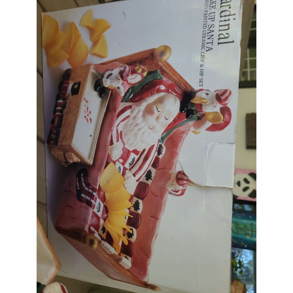 CARDINAL WAKE UP S SANTA 2 Pc  Hand Painted Ceramic Chip & Dip Set Box